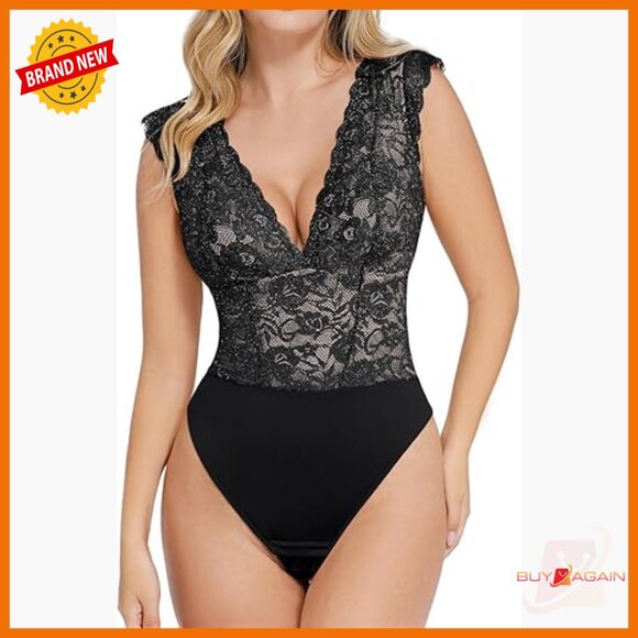 Tummy Control Shapewear Bodysuit Deep V Neck Lace Tank Top Thong